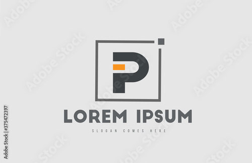 orange grey P alphabet letter logo icon. Square design for business and company identity