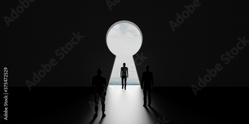 Man getting out of dark room trough keyhole shape doorway. Abstract business concept 3d render 3d illustration photo