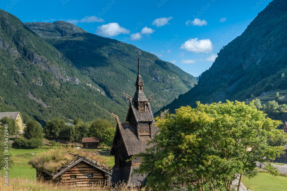The magnificent Borgund Stave Church, Laerdal, Vestland, Norway. Built around 1200 AD with wooden boards on a basilica plan.
