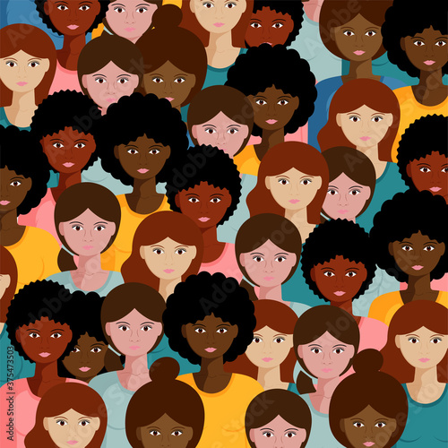 Vector illustration with a large group of girls and women. flat illustration of crowd female community.