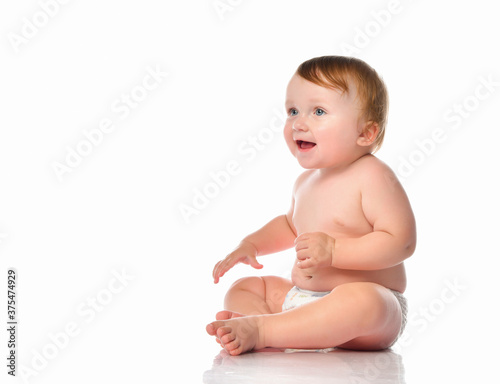 child baby toddler sitting crawling backwards happy smiling on a white background