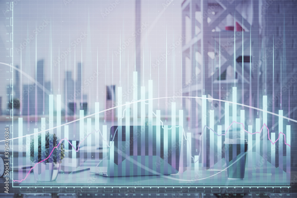 Double exposure of stock market graph drawing and office interior background. Concept of financial analysis. Double exposure of stock market graph drawing and office interior background. Concept of financial analysis.