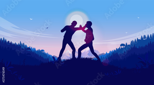 Fist fight in sunlight - Two men fighting outdoors settling a rivalry in forest with sky and mountains in background. Conflict, confrontation and male anger concept. Vector illustration.