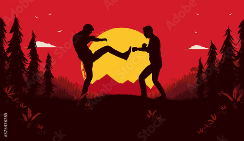 Fényképezés Fighting outside - Two people fight in dramatic landscape with blood red sky, big yellow sun and forest