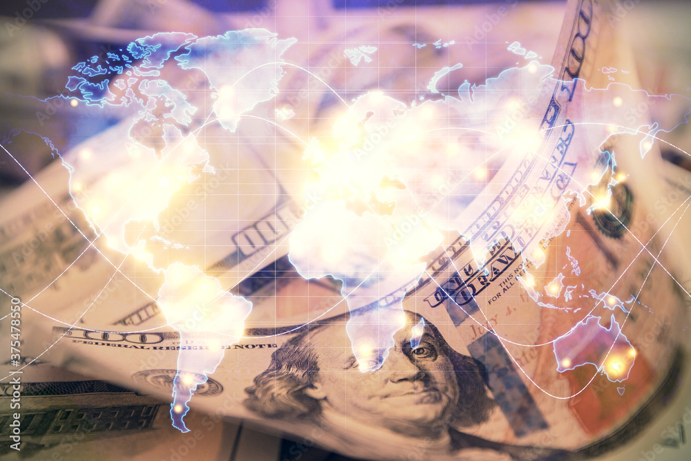 Multi exposure of business theme drawing over us dollars bill background. Concept of financial success. Multi exposure of business theme drawing over us dollars bill background. Concept of financial success.