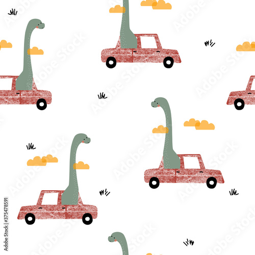 Funny dinosaur in the red car seamless pattern. Kids print. Vector hand drawn illustration.