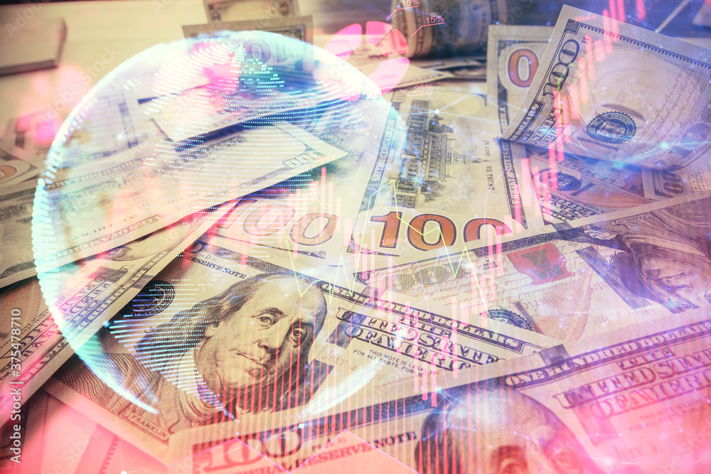 Multi exposure of business theme drawing over us dollars bill background. Concept of financial success. Multi exposure of business theme drawing over us dollars bill background. Concept of financial success.