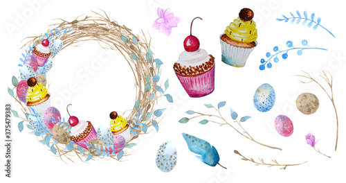 Watercolor set of Easter wreath with Easter eggs, cupcakes, feathers, spring twigs and pink flowers on a white background. Doodle decorative frame from easter eggs and floral elements.