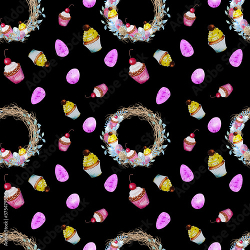 Easter wreath with easter eggs hand drawn black on white background. Decorative doodle frame from Easter eggs and floral elements. Easter eggs with ornaments in circle shape with watercolor dots.