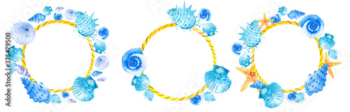 Watercolor round frame with sea shells, stars and snails on a white background. Marine composition illustration. Clipart for hand-drawn postcard design template