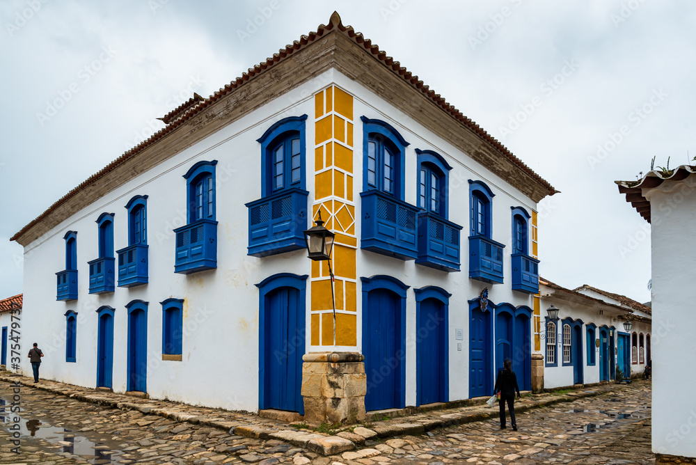 Blue house in the historical town of Paraty, in Brazil