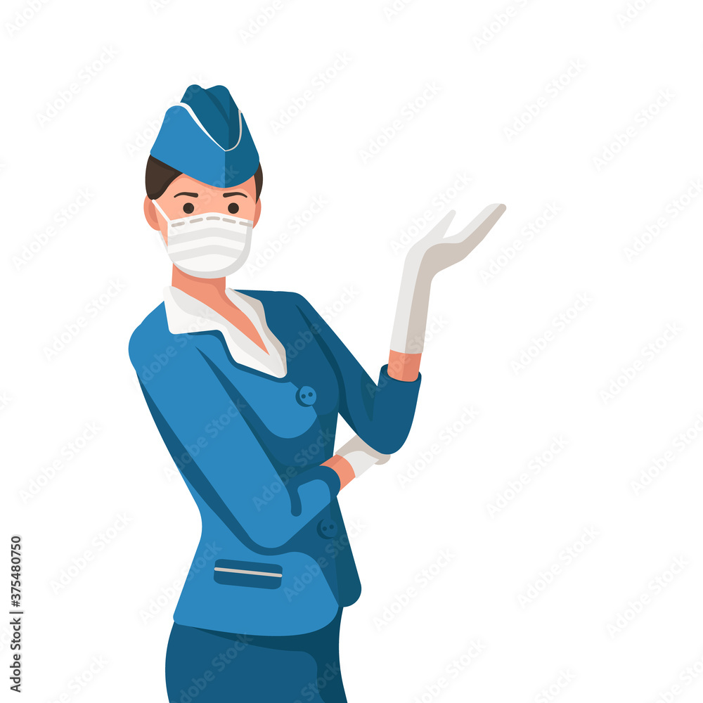 Vector illustration. Stewardess in a medical mask with a raised hand. Safe travel
