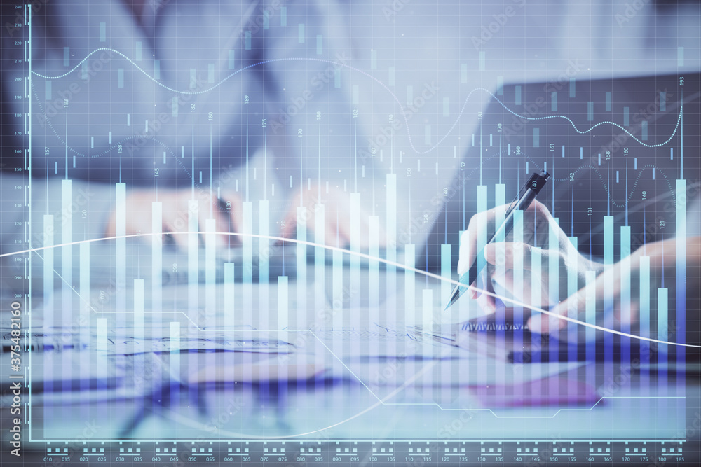 Multi exposure of woman hands typing on computer and financial chart hologram drawing. Stock market analysis concept. Multi exposure of woman hands typing on computer and financial chart hologram drawing. Stock market analysis concept.