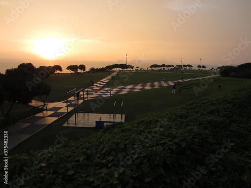 Park with Black and White Floor Passages at Sunset in Lima, Peru