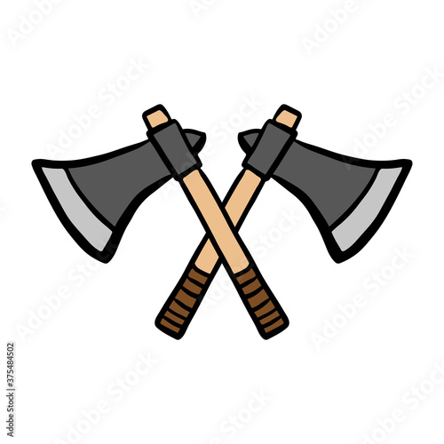 Crossed axes icon. Side view. Colored contour silhouette. Vector flat graphic hand drawn illustration. The isolated object on a white background. Isolate.