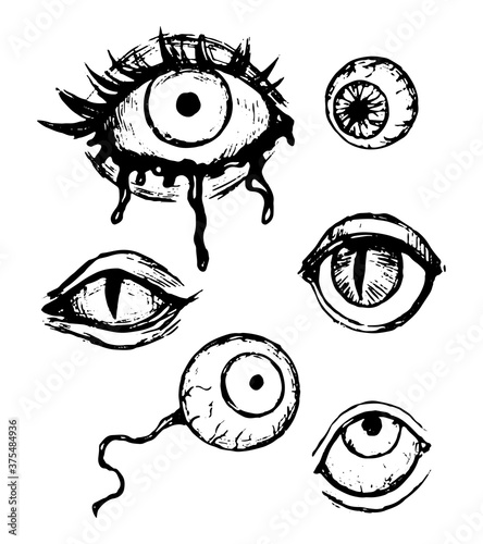 Halloween doodles set. Simple vector hand drawn illustrations. Collection of scary eyes drawings isolated on white. Black contour sketches for holiday design, prints, card, decor, poster, stickers.