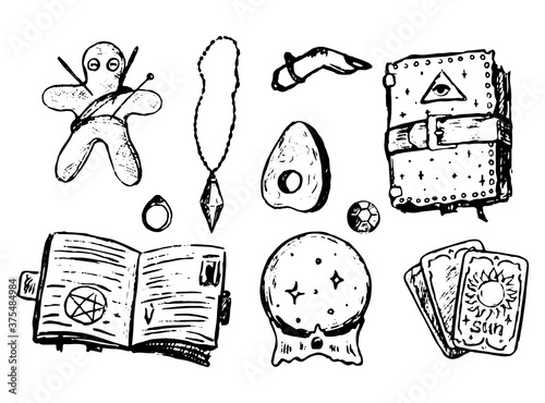 Witchcraft attributes doodles set. Simple vector hand drawn illustrations. Collection of halloween drawings isolated on white. Black contour sketches for design, prints, card, decor, poster, stickers.