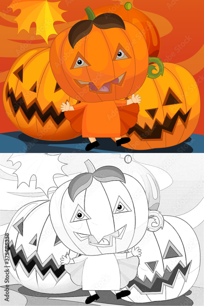 Fototapeta premium Cartoon halloween scene with sketch illustration