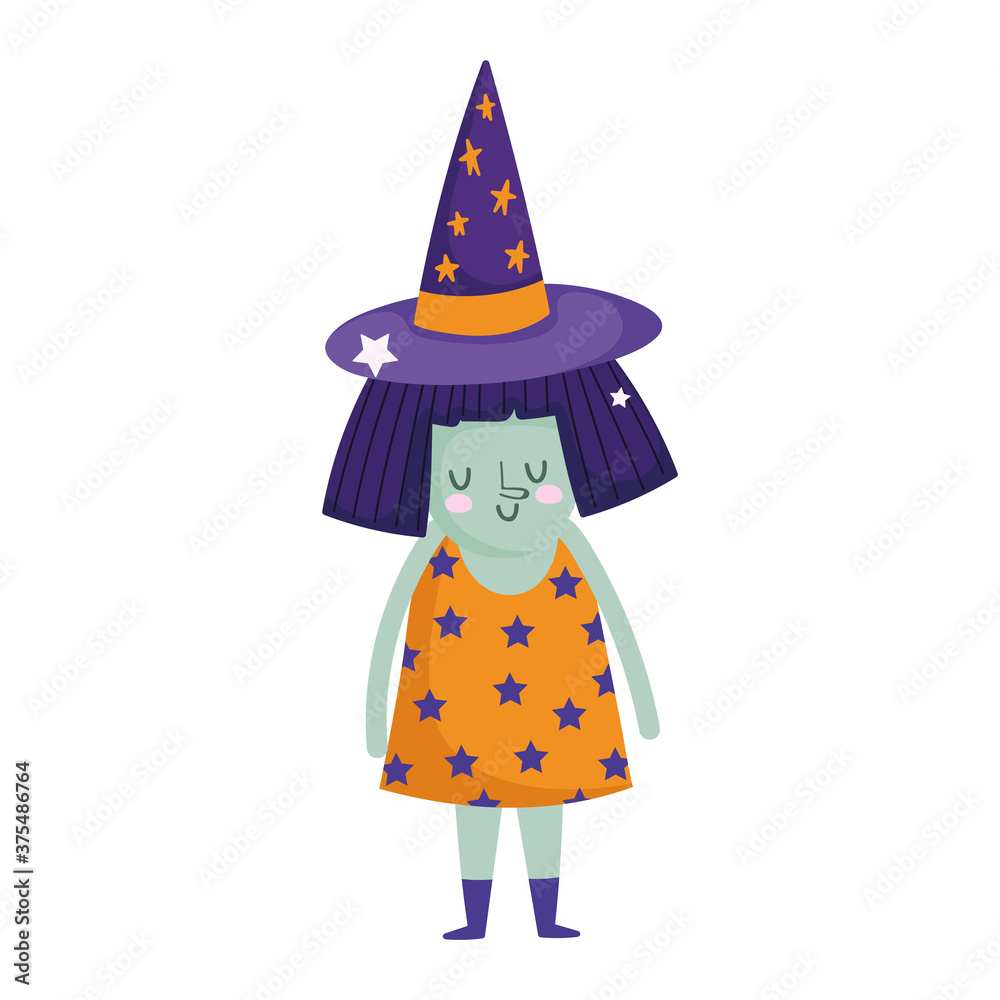 happy halloween, little witch with starry dress and hat, trick or treat celebration happy halloween, little witch with starry dress and hat, trick or treat celebration