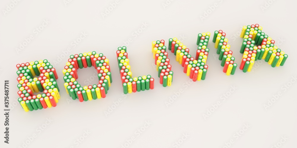 BOLIVIA text made with many batteries. Electrical technologies related 3d rendering BOLIVIA text made with many batteries. Electrical technologies related 3d rendering