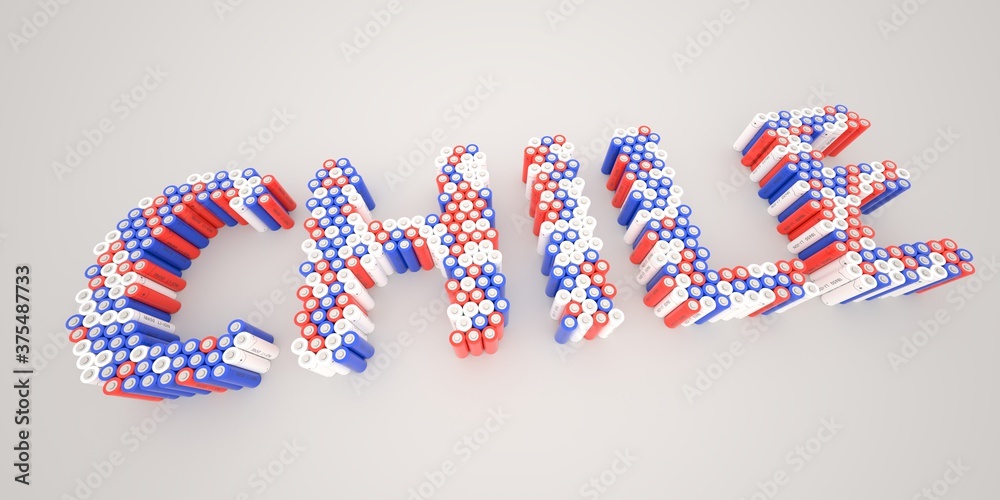 CHILE word made with batteries, wide shot. Modern electrical technologies conceptual 3d rendering CHILE word made with batteries, wide shot. Modern electrical technologies conceptual 3d rendering