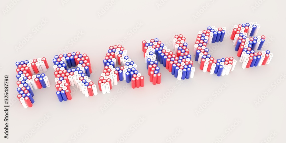 FRANCE text made with many batteries. Electrical technologies related 3d rendering