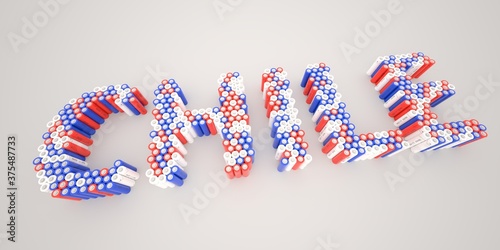 CHILE word made with batteries, wide shot. Modern electrical technologies conceptual 3d rendering