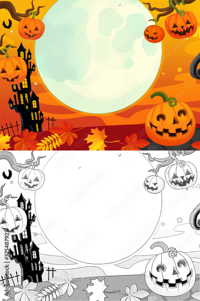 Cartoon halloween scene with sketch illustration