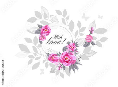 Beautiful floral frame with pink flowers. With love. Vector illustration