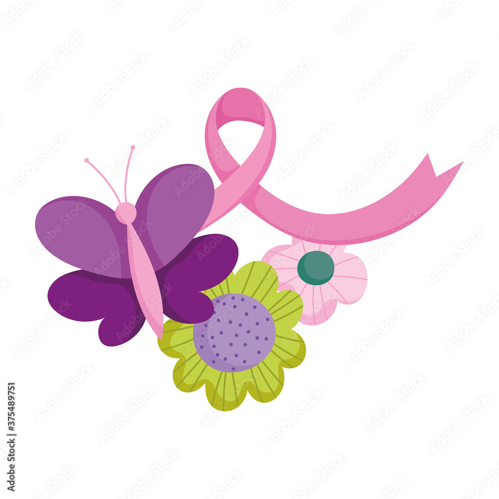 breast cancer awareness purple butterfly ribbon and flowers vector