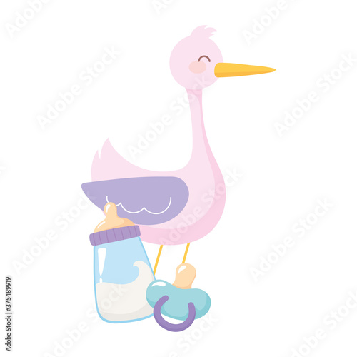 baby shower, stork with rabbit in blanket pacifier and bottle milk, celebration welcome newborn
