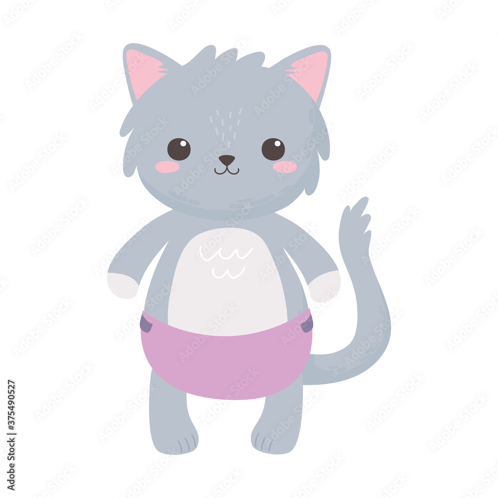 baby shower, cute gray cat with diaper animal cartoon, celebration welcome newborn