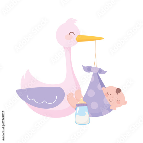 baby shower, stork and little boy in blanket and bottle milk, celebration welcome newborn