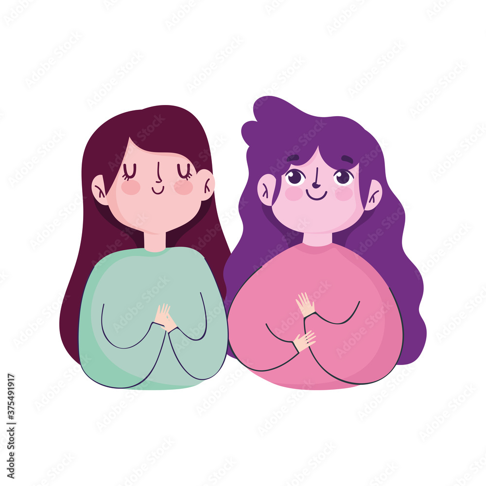 two young woman portrait cartoon isolated icon white background two young woman portrait cartoon isolated icon white background