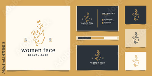 Beauty woman's face flower with line art style logo and business card design. feminine design concept for beauty salon, massage, magazine, cosmetic and spa.
