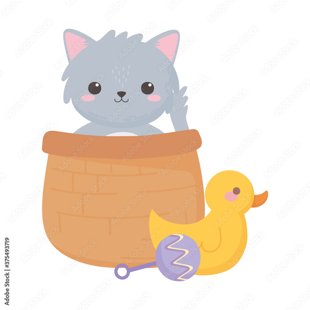baby shower, gray cat in the basket and duck rattle, celebration welcome newborn baby shower, gray cat in the basket and duck rattle, celebration welcome newborn