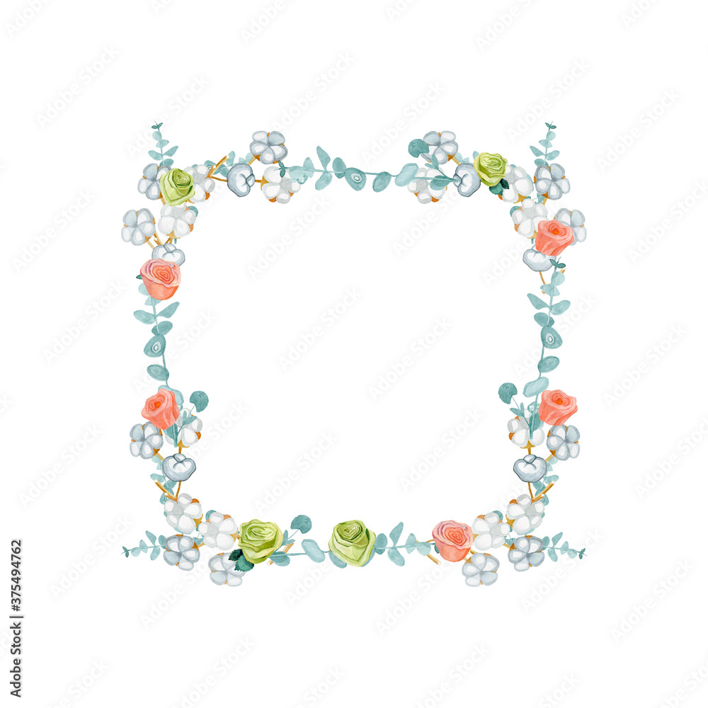 Floral frame wreath with free space for text roses, cotton, eucalyptus Floral frame wreath with free space for text roses, cotton, eucalyptus