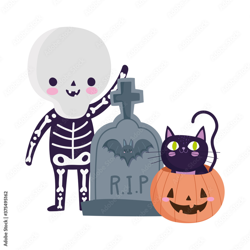 happy halloween, boy skeleton costume tombstone and cat inside pumpkin, trick or treat party celebration happy halloween, boy skeleton costume tombstone and cat inside pumpkin, trick or treat party celebration