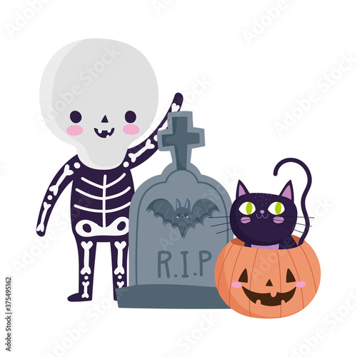 happy halloween, boy skeleton costume tombstone and cat inside pumpkin, trick or treat party celebration