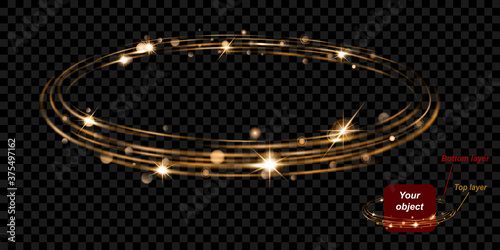 Glowing fire ring with glitter consist of two layers: top and bottom. In gold colors on transparent background. Easy to use with your object. Transparency only in vector format