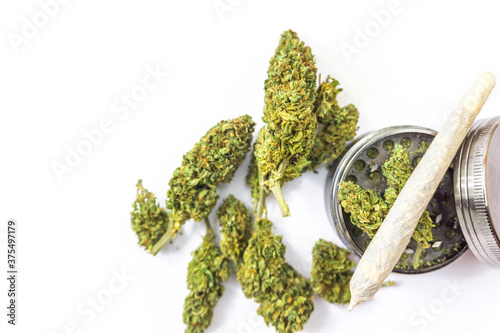 Overhead view of recreational or medical Cannabis on white background