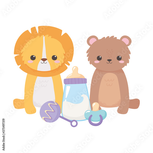 baby shower, little lion bear with pacifier rattle cartoon, celebration welcome newborn