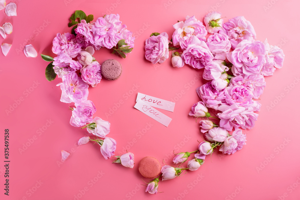 custom made wallpaper toronto digital pink fresh fragrance roses  with macaroons and " love you" sign around pink  background. romantic and beauty concept