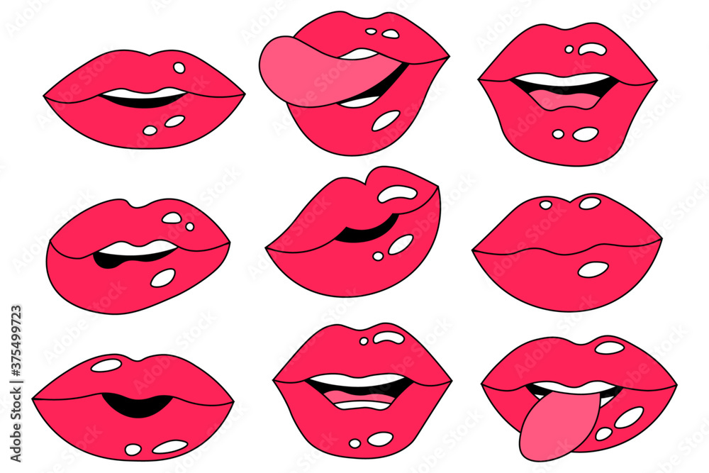 Pink glossy lips collection, open mouth, smiling, with tongue, vector illustration.