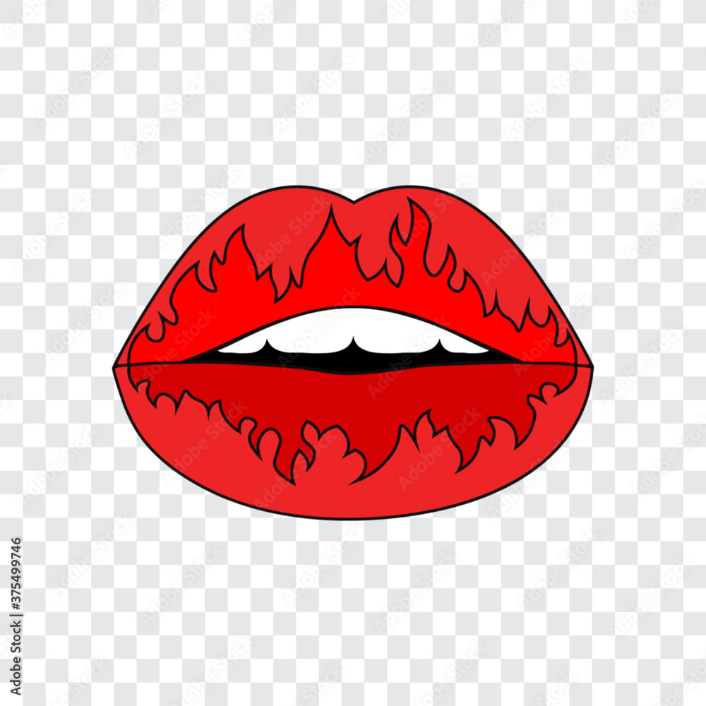 Red female lips with fire, vector illustration.