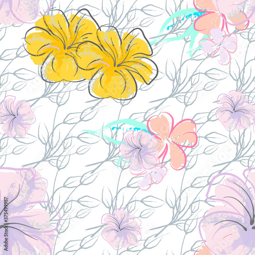 Pink Flowers Blooming Pattern. Pastel Watercolor.