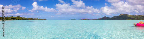 Panaramic view of beautiful clear turquoise ocean water in the South Pacific tropical island of Bora Bora