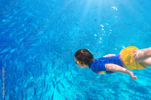 Child snorkeling. Kids underwater. Beach and sea.