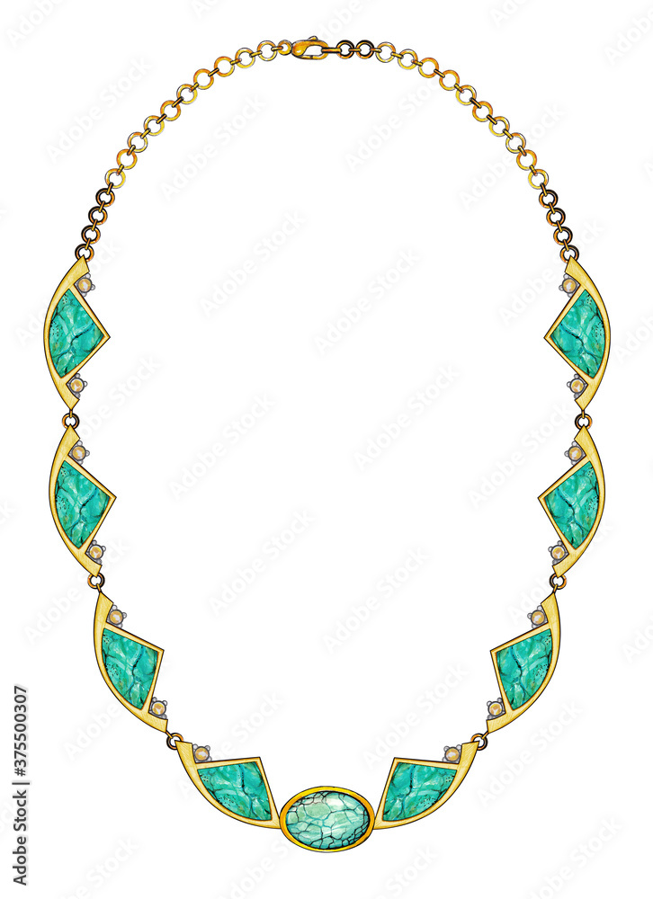 Jewelry design modern art turquoise gold necklace. Hand drawing and painting on paper. Jewelry design modern art turquoise gold necklace. Hand drawing and painting on paper.