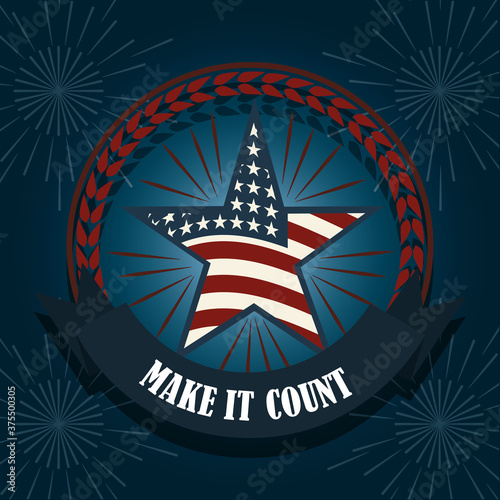 united states american flag in star blur blue background, politics voting and elections USA, make it count